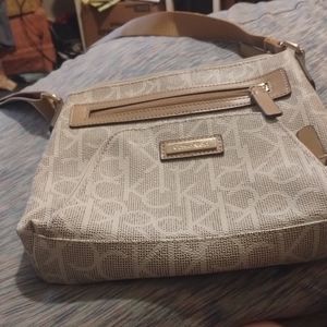 Calvin Klein tan and brown leather trim purse